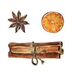 Cinnamon sticks almond anise star and dried orange slices set watercolor illustration isolated on white background