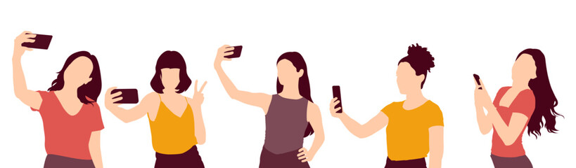 Young girls taking selfie and talking on mobile phone. Set of young girls taking selfie flat vector illustration. - obrazy, fototapety, plakaty
