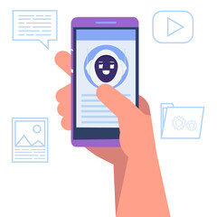 App with chatbot concept. Customer support service android,  artificial intelligence dialog.  Vector Illustration.