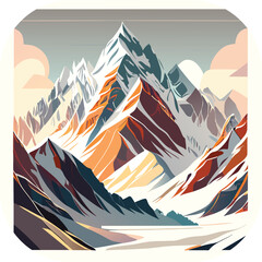 Vector wallpaper with a landscape, a mountain majestic mountain range with snow-capped peaks and sprawling glaciers, poster art , richly colored skies.