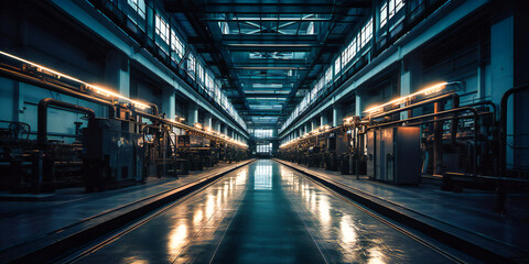 a production facility with lights and machinery