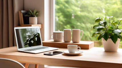 Laptop and coffee cup on wooden table at home office. Work from home concept. Generative AI.