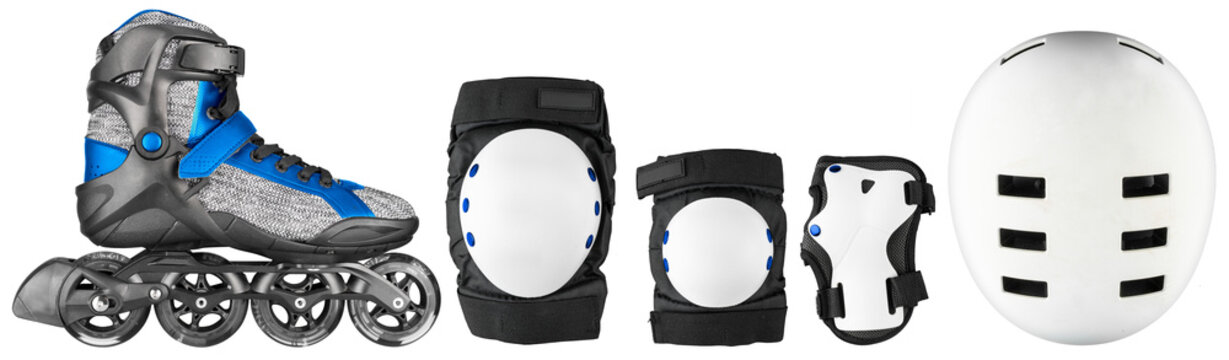 set collection of blue gray inline skates and white black skating saftey equipment like skate helmet wrist knee and elbow protector pads isolated background