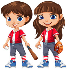 Boy and girl baseball player cartoon character