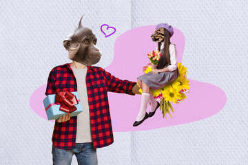 Creative collage of monkey head guy hold giftbox flowers bouquet mini leopard girl isolated on painted paper background