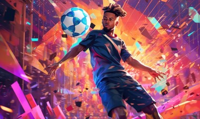 Obraz na płótnie Canvas Athlete Male Soccer Player, Sport Man Playing Football Colorful Background. Generative Ai