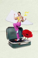 Collage pinup pop retro image of carefree lucky lady dancing vinyl player music isolated painting background