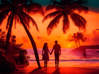 A beautiful beach with coconut palms, a girl and a man hold hands and look at the sunset, on the beach, a romantic setting