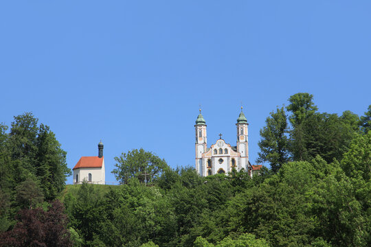 View at the Kalvarienberg in Bad T&ouml;lz with the Leonhardi Chapel and the Kreuzkirche, Bavaria - Germany