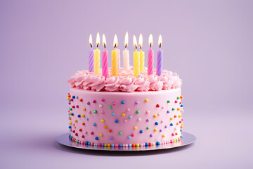 Birthday Bliss: Colorful Cake with Multi-colored Candles on Plain Pink Background