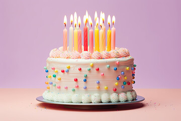 Cake Extravaganza: Colorful Birthday Cake with Assorted Candles on Light Pink Background