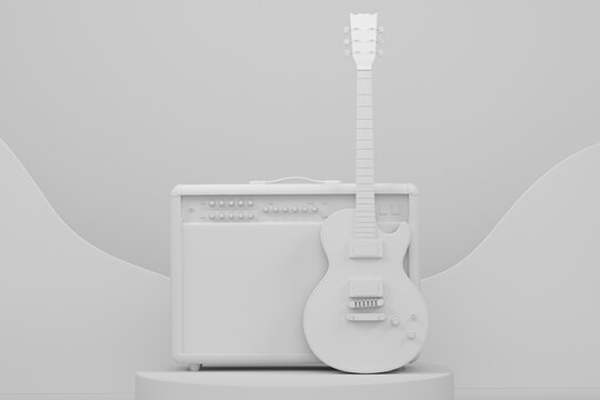 Amplifier with acoustic guitar on cylinder podium with step on monochrome