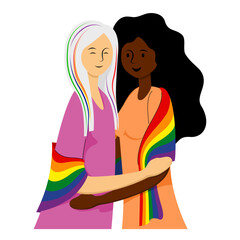 Happy girls couple with rainbow flag during pride month