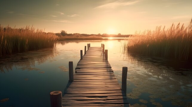 Wooden pier bridge in the lake swamp evening golden hour sunset nature view clear sky. Generative AI technology. - Powered by Adobe