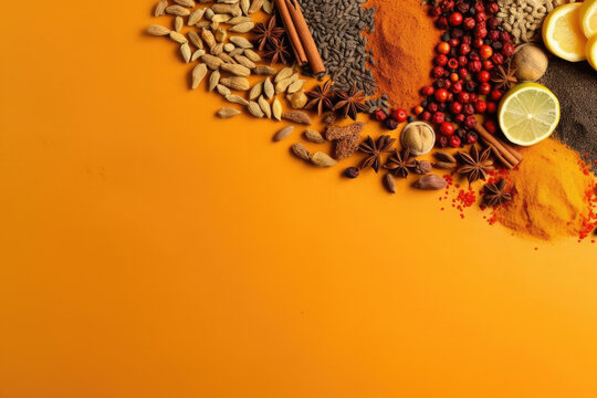Spices on solid color background