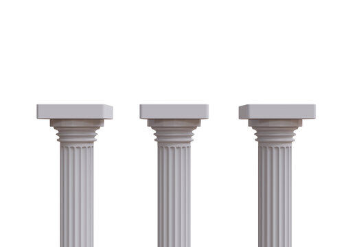 Three marble pillars columns ancient Greek isolated on transparent background, PNG.