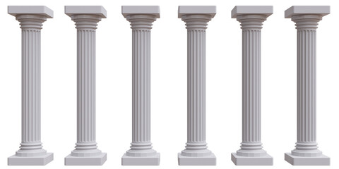 Six marble pillars columns ancient Greek isolated on transparent background, PNG. - obrazy, fototapety, plakaty