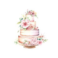 Wedding cake on a stand decorated with flowers. Hand drawn watercolor illustration of sweet dessert isolated on white background. Design for cards, invites, wedding printing