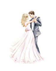 Wedding couple, bride and groom dance. Happy just married young people. Watercolor art. Hand drawn illustration isolated on white background. For invitation, save the date, card design.
