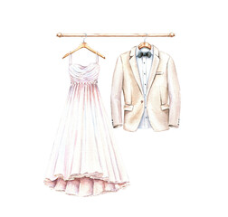  Elegant wedding clothes for bride and groom. Dress and suit on a wood hanger. Hand drawn watercolor illustration on white background. Design for cards, invites, prints.