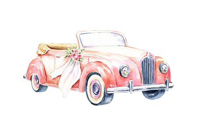 Red Vintage Wedding Car for Newlyweds. Hand drawn watercolor illustration on white background. Design for cards, invites, prints.