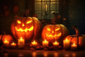 Obraz premium Halloween, Candle lit with Halloween Pumpkins, Holiday illustration banner.
