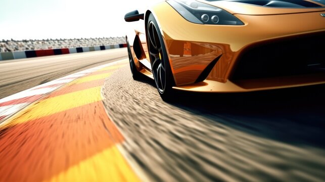 Front view of supercar, Fast moving generic sports car on a racetrack.