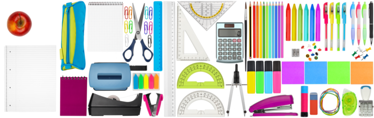 big set collection of colorful school office supplies stationery isolated  white background study education business concept