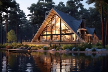 Fototapeta premium Modern exterior of a luxury villa in a minimal style in forest, Luxury glamping.