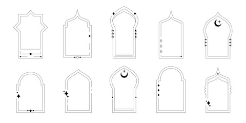 Set of oriental style arabic borders. Collection of linear style Islamic windows, arches and doors in boho style. Arabic minimal shape arch. Design element for design, label Ramadan kareem. Line art