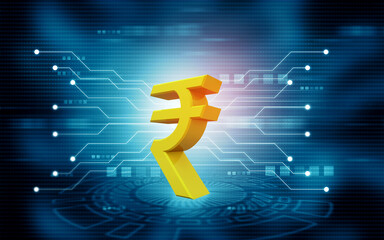 Indian rupee symbol on modern technology background. 3d illustration.