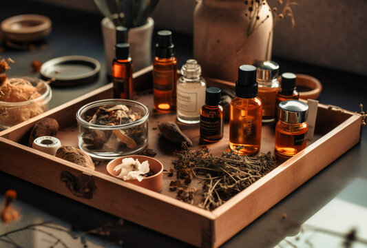 skin care items and herbs on the tray