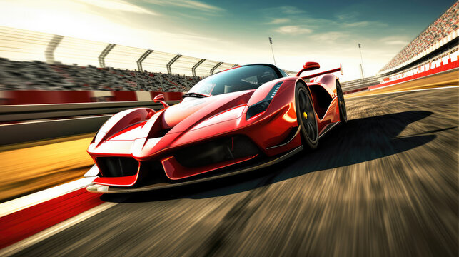 Front view of supercar, Fast moving generic sports car on a racetrack.