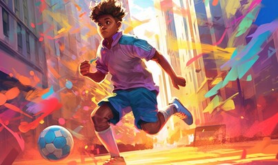 Fototapeta na wymiar Athlete Male Soccer Player, Sport Man Playing Football Colorful Background. Generative Ai