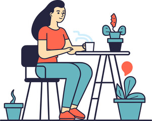 Young Woman drink coffee. A girl sitting on the chair with a cup of hot coffee. Flat vector design.
