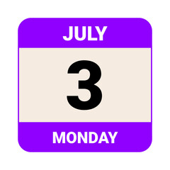 3 July, Monday. Date template. Useful design for calendar or event promotion. Vector illustration EPS 10 File.