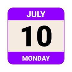 10 July, Monday. Date template. Useful design for calendar or event promotion. Vector illustration EPS 10 File.