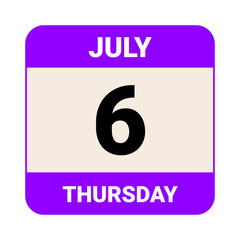 6 July, Thursday. Date template. Useful design for calendar or event promotion. Vector illustration EPS 10 File.