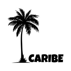 Logo vacaciones en el Caribe. Letras de la palabra Caribe en la arena de una playa con silueta de palmera