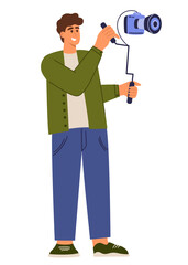 Videographer. Man using camera, video making, filming event, production service, small business, self-employed specialist, freelance work. Mass Media Tv Show, Program Broadcast.  Vector illustration 