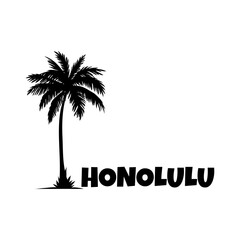 Logo vacaciones en Hawái. Letras de la palabra Honolulu en la arena de una playa con silueta de la palma