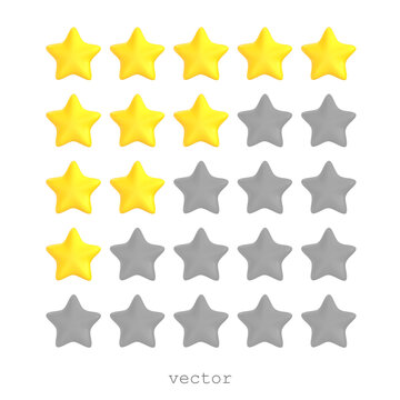 Five 3D vector stars, yellow and grey colors. Customer rating feedback concept. Realistic 3d cartoon ctyle. For web design, ranking of website or mobile applications. Vector illustration isolated on