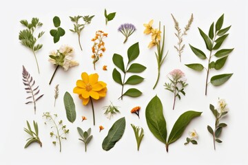 Illustration of various flowers and leaves on a blank white background created with Generative AI technology