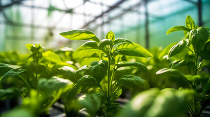 Obraz premium Basil growing in greenhouse, background with space for text, copy space, generative AI