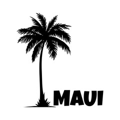 Logo vacaciones en Hawái. Letras de la palabra Maui en la arena de una playa con silueta de la palma
