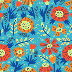 Fototapeta na wymiar Flower Marigold seamless pattern. Hand Drawn nature floral. Vector surface background for fabric, textile, wallpaper