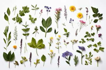 Illustration of various flowers and leaves on a blank white background created with Generative AI technology