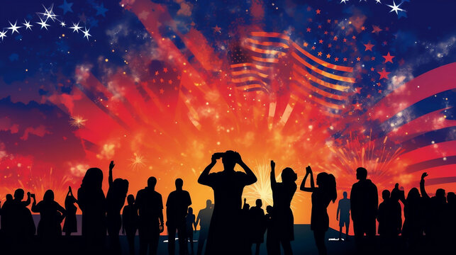 People celebrating 4th of July banner