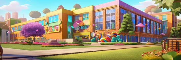 Colorful Modern School Building Illustration. Back to School Background. Generative Ai