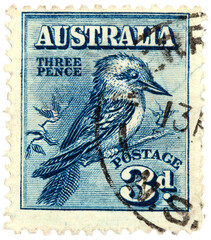 Kookaburra Jägerlieste stamp briefmarke vintage retro alt old Australia Australien vogel bird gestempelt frankiert cancel used gebraucht three 3 pence blau blue postage 